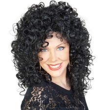 Cher Wig 80s Music Star Black Curly Perm Womens Ladies Fancy Dress Costume 80's