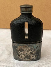 Antique Victorian  Hip Flask  Black Leather Cover with Engraved Cup. 4.5"