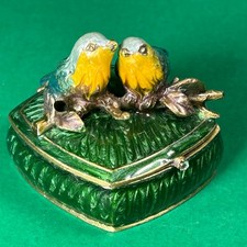 NIKKY Enamel Trinket Box Birds on Branch Green Hinged Crystal Accent 45mm