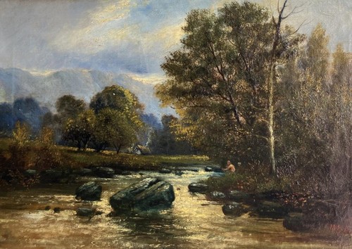 Antique oil painting angler - oil,