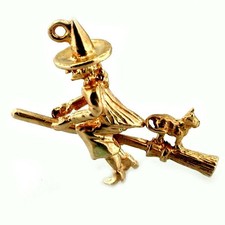 14K Gold Witch & Cat on Broom
