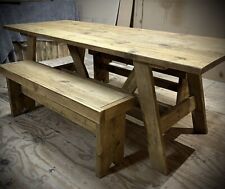 BEAUTIFUL RUSTIC BESPOKE OLD CHARM DINING TRESTLE TABLE WITH TWO BENCHES