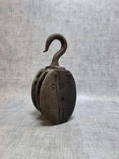 Large Vintage Wooden Pulley with Iron Hook