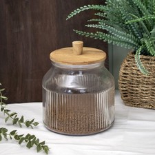 Ribbed Glass Storage Jar With Acacia Wood Lid 2.2L Kitchen Food Canisters