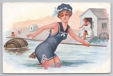 c1910s Seaside Comic Bathing Beauty Pinched by Crab Bathing Machine Postcard
