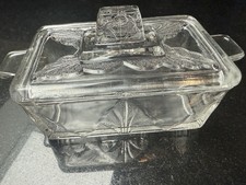 Art Deco ButterDish Vtg Pressed Glass Cloud TreeDesign Vtg Retro