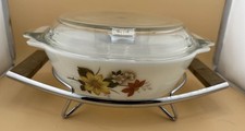 Vintage JAJ Pyrex Autumn Glory 7.5” Round Lidded Casserole Dish & Metal Stand