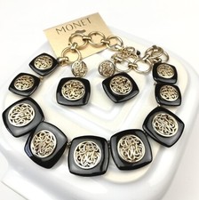Vintage MONET Statement Jewelry Set Black & Gold Necklace Earrings