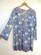 EAST ARTISAN WITH ANOKHI DEESIGNER blue purple green FLORAL TUNIC dress Size 12