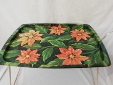 Vintage 1960 Folding Metal folding Lap Tray Table Green Yellow Floral Retro