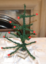 Vintage Green Tinsel Christmas Tree table top 40 cm height West German Wood base