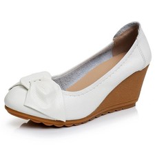 New Womens Ladies Mid High Wedge Heels Work Party Bow Pumps Casual Court Shoes