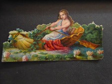Victorian girl on giant shell rowing across pond Onward scrap