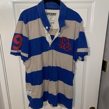 Superdry Mens Polo Shirt XXL 2xl double black label blue and grey striped