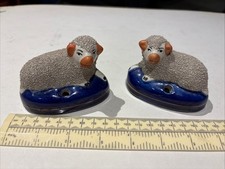 Antique Staffordshire Pottery Sheep Lamb on Oval Blue Mound Base. Pen Holder