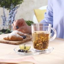 Pasabahce Handled Glass Mug & Large Saucer Set Coffee Tea Latte Cappuccino 400ml