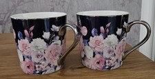 2 x Fox And Ivy Coffee Mugs Fine China Blue Floral Silver Rim & Handle