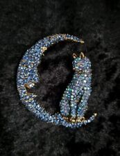 Large Cat In The Moon Brooch Blue Vintage Inspired Gold Tone Gift Jewellery 