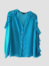 Turquoise blue size12 blouse by Kaleidoscope long sleeve+frill vneck button cuff