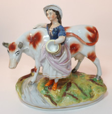 Antique 8 1/4" Staffordshire Figurine Milkmaid & Milking Cow c1850