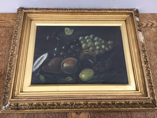 ANTIQUE STILL LIFE OIL PAINTING OF FRUIT & BUTTERFLY IN GILDED GESSO FRAME 19thC