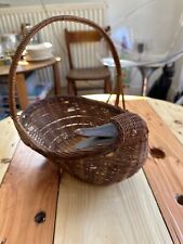 VINTAGE RATTAN & WICKER WOVEN DUCK SHAPE EGG BASKET WITH CARVED WOODEN BEAK