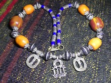 African bead necklace Ebony & silver inlay, coral, blue chevron, brass talisman
