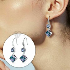 Women 925 Sterling Silver Rainbow Mystic Cube Topaz Dangle Drop Earrings Jewelry