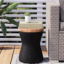  Outdoor End Table, Drum Side Table Faux-Wood Top, Black Base with Tree Trunk 