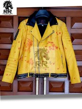 Men’s Yellow Red Leather Biker Jacket Punk Rock Studded Moto Coat Vintage Style