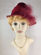 Handmade Vintage Cranberry Wool Felt Hat With Velvet Ribbon & Ostrich Plumes