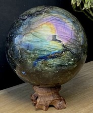 Rainbow Labradorite Ball Crystal Sphere Globe Large Flashy Gemstone & Wood Stand