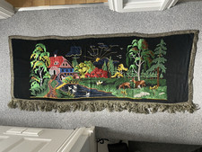 Vintage Woven Tapestry, Fabric Picture. River Scene with Animals & Birds. 1970’s