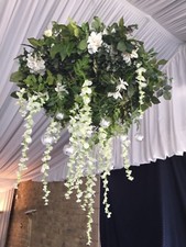 Floral greenery hanging chandeliers wedding marquee party flowers bride HIRE ONL