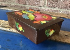 Ukrainian VINTAGE Hand Painted Lidded Wood Flowers Box Signed with LABEL