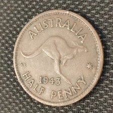 1943 Australia Half Penny (1/2d) King George VI Coin.