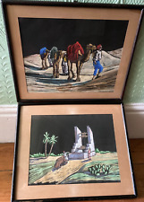 Pair of Signed  Paintings Arabic Camels Desert Framed 15 x 12 Inch Signed