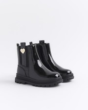 River Island Mini Girls Chelsea Boots Black Patent Stud Zip RI Hardware Shoes