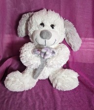 White Fluffy Dog Plush with Flowers