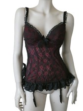 Vintage Y2K La Senza black/dark red frilly corset/basque/suspenders UK14/16 VGC