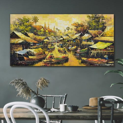 Painting river boats village - river,