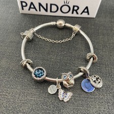 New Genuine Pandora Clasp Silver Bangle Size 20cm ALE + 6 charm + 1 safety chain