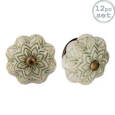 Ceramic Door Knobs Cabinet Drawer Handle Set, Vintage Flower, Green - x12