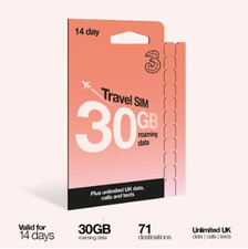 Three 14 Day Travel Sim, 30GB