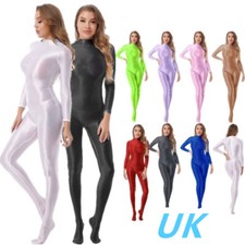 UK Women Glossy Long Sleeve Bodysuit Jumpsuit Mock Neck Open Crotch Bodystocking