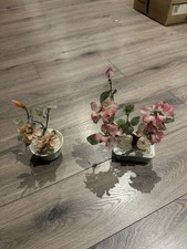 Pair Of Vintage Jade Glass Japanese Bonsai Trees 25cm + 22cm