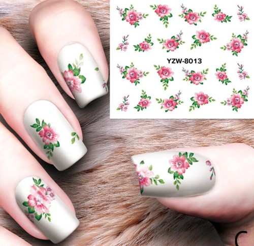 Pink flowers leaves nail art - flowers,