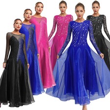 Women's Ballroom Dance Floral Long Sleeves Round Neck Wide Hemline Flared Dress