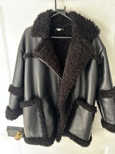 Topshop Black Faux Leather Shearling Aviator Jacket Size 10