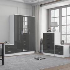 Bundle - 3DR Mirror Wardrobe + Chest + 2x Bedsides - Grey/White REFLECT